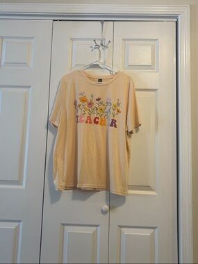 SHEIN Peach/Cream Graphic "TEACHER" Floral Tee